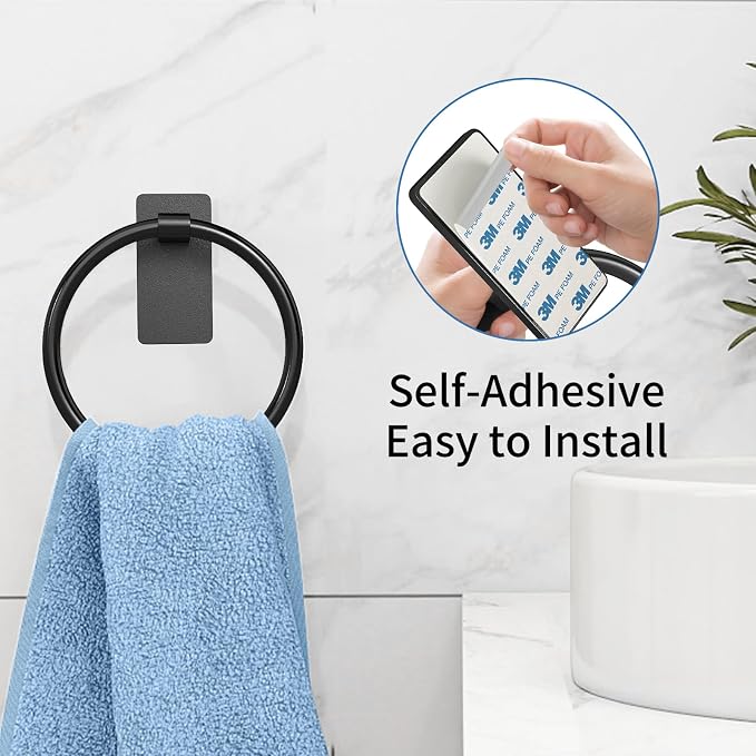 STWWO Hand Towel Holder for Bathroom, Adhesive Round Towel Ring, Black | for Bath RV Kitchen, Self Adhesive No Drill Hole, Easy to Install