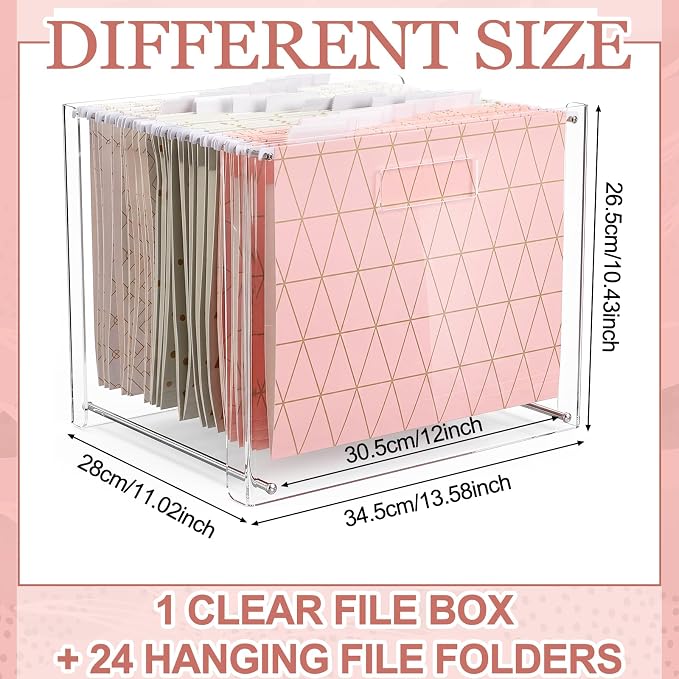 Dispowreath 24 Hanging File Folder with Acrylic Organizer for Letter/a4 Size Desktop Clear File Storage Box with Handles for Home Work Office Use (Geometric)