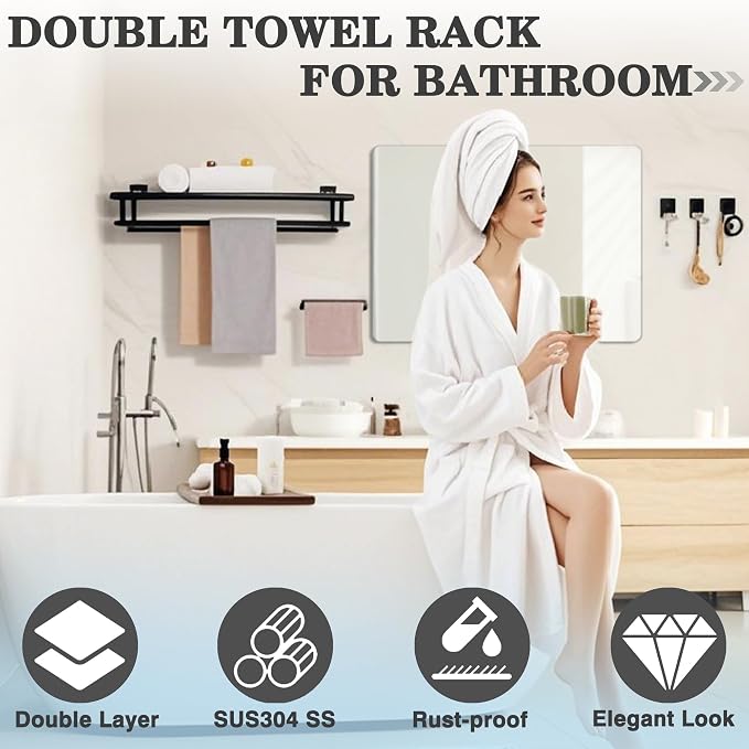 Alise Double Towel Rack for Bathroom Wall Mounted 16 Inch,Matte Black | Bathroom Tower Holder Towel Shelf with Double Towel Bars,SUS304 Stainless Steel Towel Rack with Shelf for Lavatory Kitchen