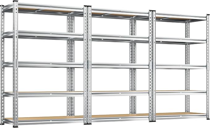 REIBII Garage Shelving, 5 Tier Storage Shelves Load 2400LBS, Adjustable Garage Shelving Heavy Duty, Metal Shelving Unit with Waterproof Columns, 35.5" W x 11.9" D x 72" H, Galvanized, 3 Pack