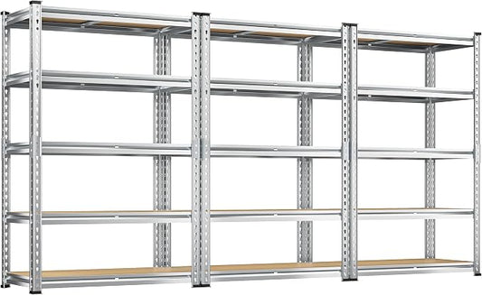 REIBII Garage Shelving, 5 Tier Storage Shelves Load 2400LBS, Adjustable Garage Shelving Heavy Duty, Metal Shelving Unit with Waterproof Columns, 35.5" W x 11.9" D x 72" H, Galvanized, 3 Pack