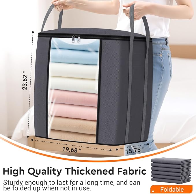TasticTotes 120L Extra Large Blanket Clothes Storage Bags, Gray, 1 Pack | Foldable Blanket Storage and Organization, Thick Fabric Containers with Reinforced Handles & Zippers for Comforters, Bedding
