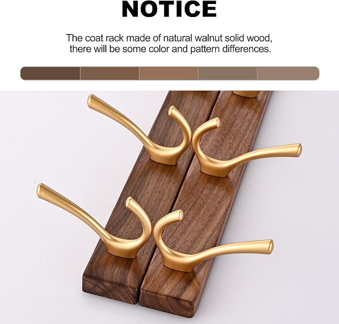 2 Pack 17.3" Small Walnut Wood Coat Rack Wall Mount with 4 Hooks, Heavy Duty Wooden Jacket Hanger Door Mounted for Decorative Entryway Bathroom Hanging Towel Backpack Purse Hat Key Satin Gold