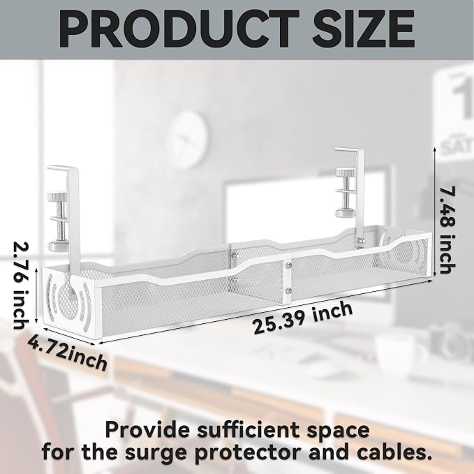 Cable Management, 25.3'' Under Desk Cable Management Tray No Drill | Metal Cable Organizer with Clamp for Wire Management, Cord Organizer for Home Office, Desk Accessories Organizer, White
