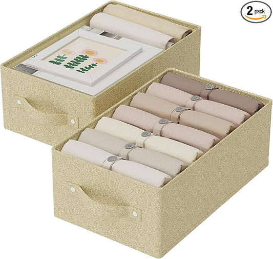Storage Bin with Reinforced Stitching,Yellow,16.1x9.8x6.4in,2 Pack | Fabric Storage Baskets with Soft Cloth Handles, Thick PP Panel Wardrobe Containers,Wipeable Drawer Boxes for Closet Shelves