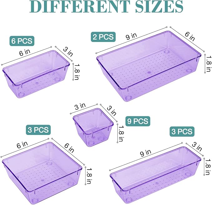 23 PCS Drawer Organizer Set, 5 Size Bathroom and kitchen organizer Trays | Bathroom and kitchen Drawer cabinet organizer Trays, Clear Storage Bins for Makeup, Jewelry, Utensils and Gadgets