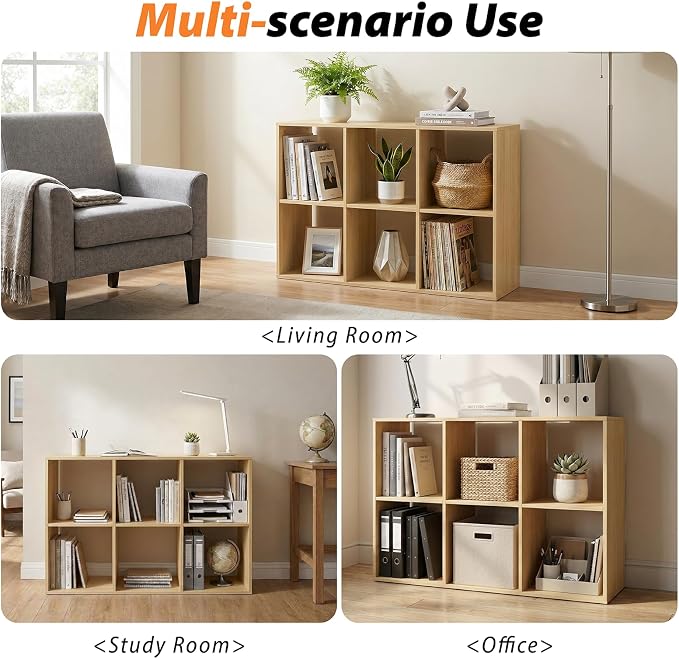WannabeMyself【Sturdy Build&Easy Assembly】6 Cube Storage Organizer with Anti-Tipping Kits,Reversible Open Back Book Shelf, Bookcase for Living Room,Bedroom,Entrance Hall,Office,24.1×11.4×35.9,Oak Color