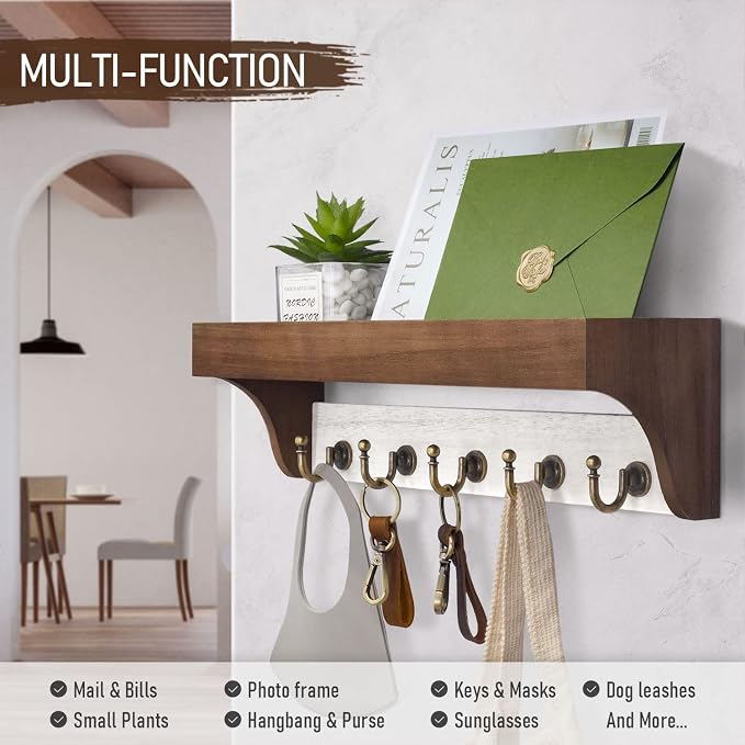 Rebee Vision Key Holder Wall Mount with Shelf for Entryway, Brown & White | 5 Retro Hooks, Two-Tone Rustic Decor, Primitive Wood Mail Organizer, Key Holder for Wall, Decorative Home Accent