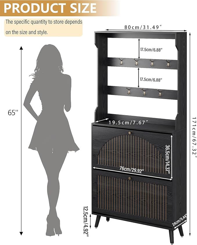 Fsbecl Shoe Cabinet for Entryway with 2 Flip Drawers & Coat Rack, Narrow Hidden Shoe Storage Cabinet with Fluted Panel, 2-in-1 Hall Tree Slim Freestanding Shoe Rack Organizer for Hallway