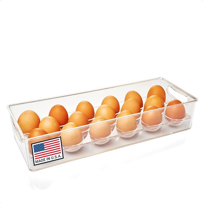 Pikanty Egg Holder for Refrigerator with Removable Tray - Holds 17 Eggs, Clear Plastic Container with Pull Handles for Bulk Eggs, Farm Fresh, Backyard Chickens, Dishwasher Safe, Made in USA
