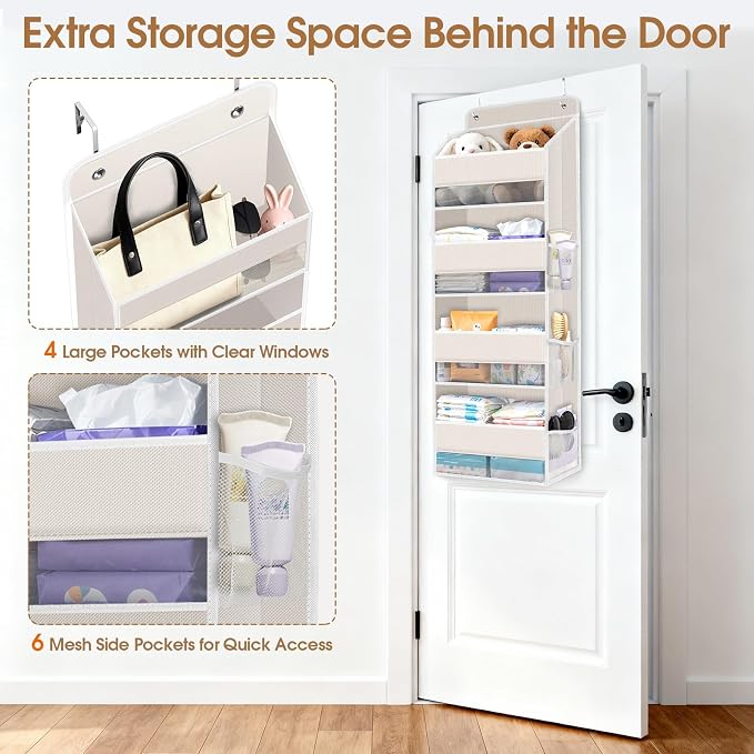 Over The Door Organizer Storage behind Door Hanging Organizer for Nursery | 4 Tier, 6 Side Pockets, Clear Window, Sturdy Construction, Space-Saving Storage for Closet, Bedroom, Bathroom & Nursery