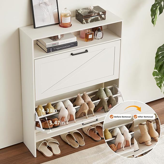 RWYHG Shoe Cabinet Storage for Entryway with 2 Flip Drawers | Open Storage Layer Rack Narrow Organizer Slim Hidden Wood Shoe Cabinet Furniture