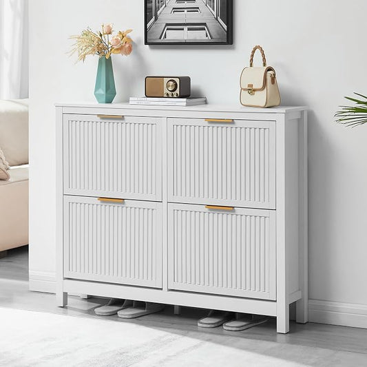 4-Flip Drawer Shoe Cabinet Narrow Entryway Rack, White | Vertical Wood Grain, Metal Handles, Adjustable Compartments, Removable Shelf, Anti-Tip Device, for Hallway Foyer Entryway
