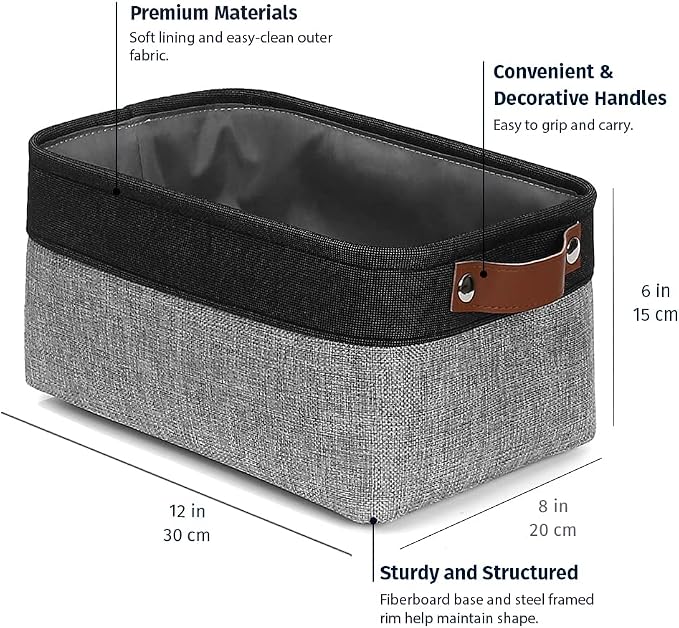 OrganiHaus 12x8in Canvas Storage Baskets, 3 Pack - Fabric Bins for Shelves | Vegan leather handles; a decorative pantry and office organizer, container for desk and books