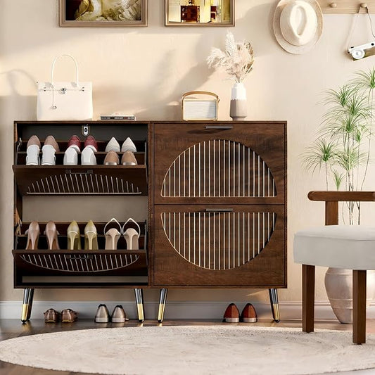 Farmhouse Shoe Cabinet Storage for Entryway, Slim Shoe Rack Cabinet with 4 Flip Drawers, Narrow Shoe Organizer Cabinet with Stylish Round Panel, Metal Leg and Handle
