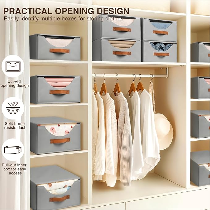 Homsorout Stackable Storage Drawers - Collapsible Storage Bins with Drawers, 8 Pack Closet Shelf Organizer Basket, Fabric Pull Out Organizer for Bedroom, Living Room, Dorm, Grey