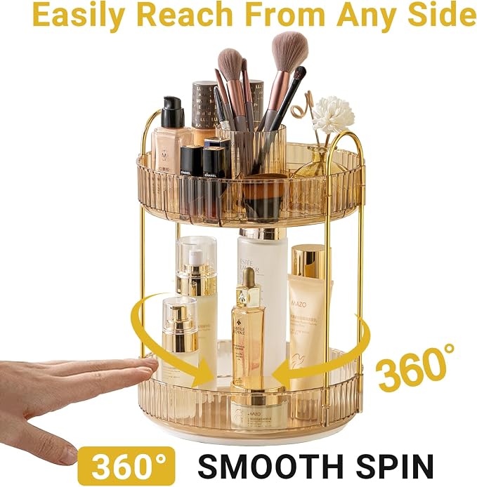 Asayuee 360 Rotating Makeup Organizer,2 Tier Large Capacity Make Up Organizers and Storage,Skincare Perfume Vanity Organizers,Bathroom Cosmetics Storage Organizer Countertop(Gold)
