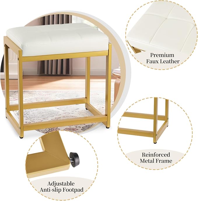 Vanity Stool, Vanity Chair Stools with Reinforced Metal Legs, Faux Leather Upholstered Ottoman Bench for Bedroom, Living Room, Small Modern Makeup Chairs for Dressing Table, White&Gold