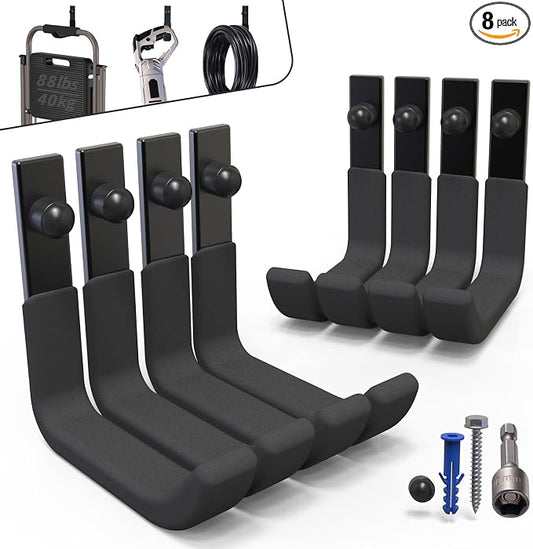 4 Inch Garage Hooks Heavy Duty, Utility Wall Mount Ladder Hooks | Ladder Hangers 8 Pack, Steel Wall Hooks for Hanging Shed Tools, Ropes, Garden Hoses, Shovels | 88 Lbs Storage Organization