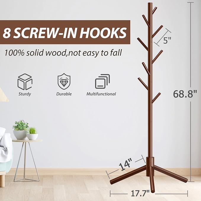 Unisakey 8-Hook Freestanding Wooden Coat Rack 3 Adjustable Heights Brown | Stable Triangular Base for Safety,Durable Construction,Simple Tool-Free Assembly,Ideal for Bedroom Hallway Office Entryway