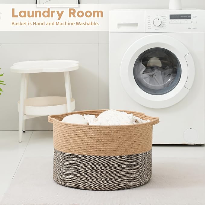 Foldable Laundry Hamper Basket with Collapsible Handle Cotton Rope Soft Woven Fabric Storage Organizer Clothes Toys Nursery Bedroom Dorm Space Saving Bin (Camel & Mix Camel, 80L(21.7"D x 13.8"H))