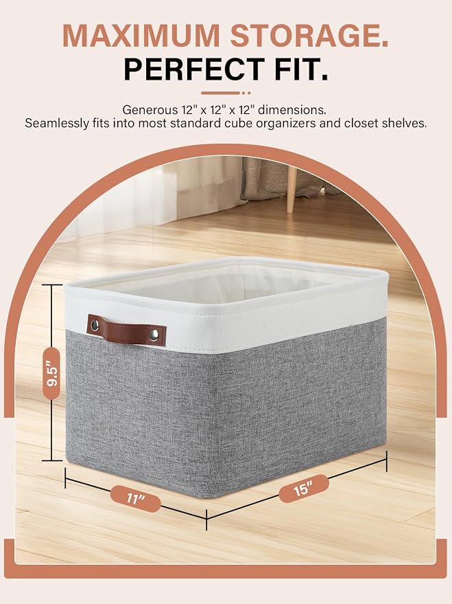 DULLEMELO Storage Baskets for Organizing, Rectangular Fabric Storage Bins Collapsible, Perfect for Shelves, Closets, Empty Gift Baskets (3-Pack Medium-15 inch X 11 inch X 9.5 inch , White&Grey)
