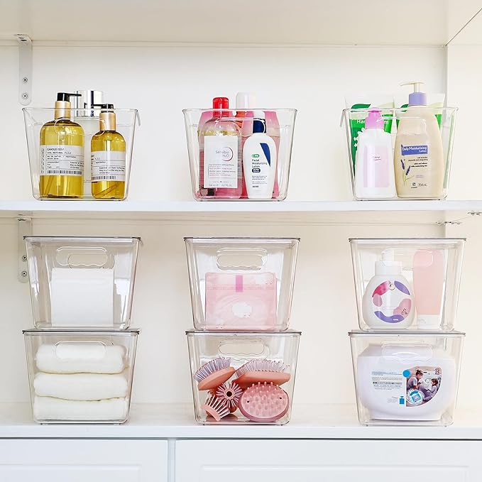 Vtopmart 4 Pack Clear Stackable Storage Bins with Lids, Large | BPA-free Plastic, Organize Vertically, For Pantry Kitchen Fridge Cabinet Closet Bathroom, Built to Last, Easy to Move