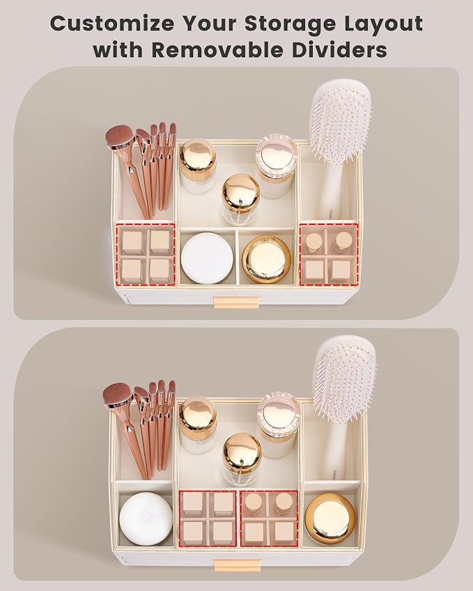Lolalet 3-Layer PU Leather Makeup Organizer for Cosmetic Vanity -Beige | Large Bedroom Dsek Countertop Cosmetic Organizer with Brush Holder, Skincare Storage for Lipsticks, Nail Polish, Perfume