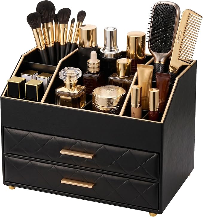 Lolalet 3-Layer PU Leather Makeup Organizer for Cosmetic Vanity -Black | Large Bedroom Dsek Countertop Cosmetic Organizer with Brush Holder, Skincare Storage for Lipsticks, Nail Polish, Perfume