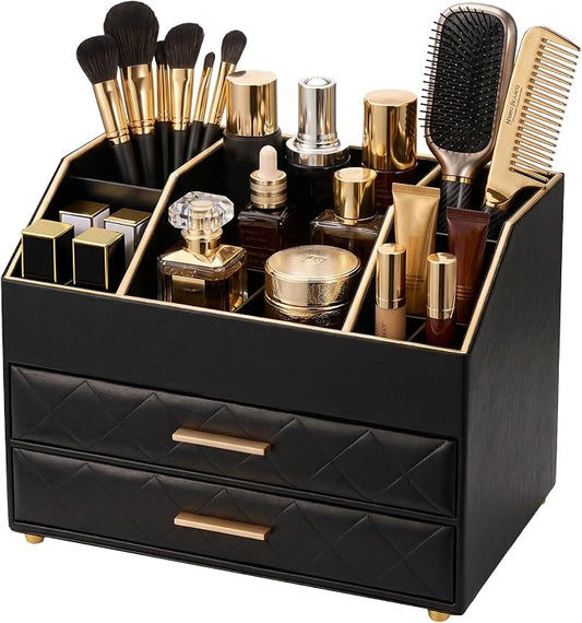 Lolalet 3-Layer PU Leather Makeup Organizer for Cosmetic Vanity -Black | Large Bedroom Dsek Countertop Cosmetic Organizer with Brush Holder, Skincare Storage for Lipsticks, Nail Polish, Perfume