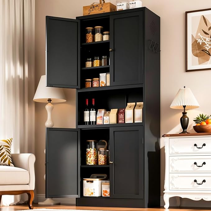 AQY Kitchen Pantry Cabinet,72" Black Pantry Cabinet 3-Tier Adjustable Shelves 4 Doors, Freestanding Cupboard with Microwave Stand, Metal Cabinet with Handle for Living Room Kitchen Assembly Required