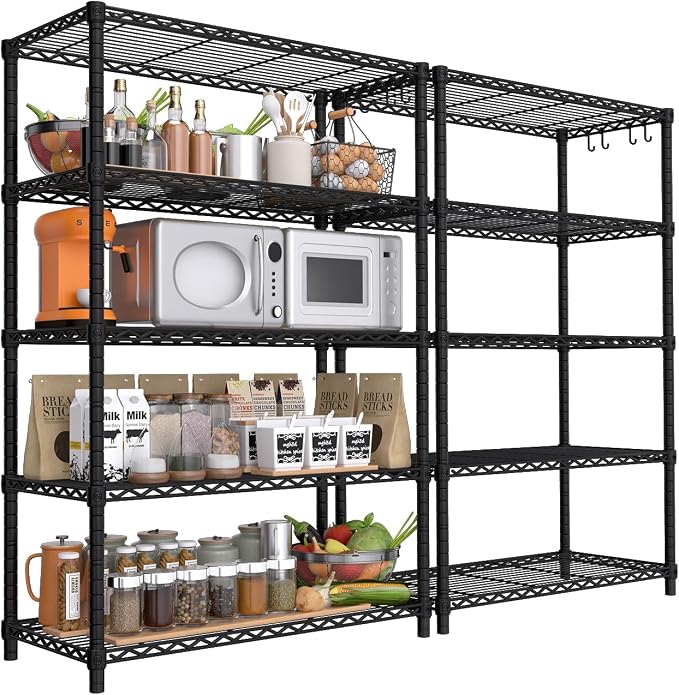 PrimeZone Wire Storage Shelves, 5-Tier Adjustable NSF Metal Shelving, 2 PCS | Alloy Steel Structure, 1250 LBS Capacity, Adjustable Leveling Feet, 4 Hooks, 35.5"W x 14"D x 72"H for Kitchen, Pantry, Closet