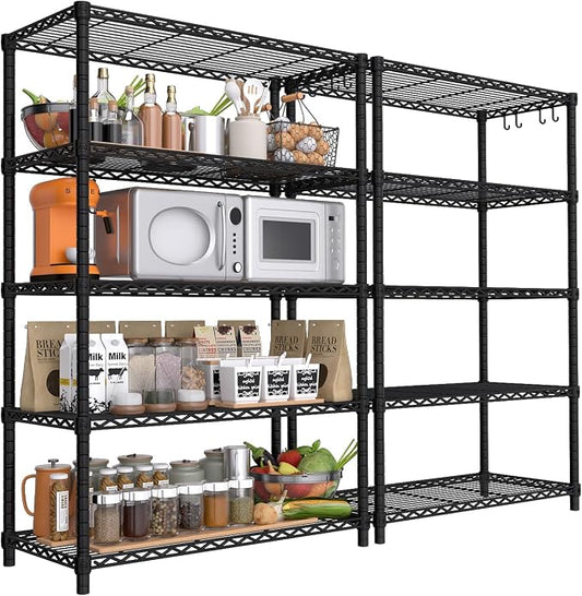 PrimeZone Wire Storage Shelves, 5-Tier Adjustable NSF Metal Shelving, 2 PCS | Alloy Steel Structure, 1250 LBS Capacity, Adjustable Leveling Feet, 4 Hooks, 35.5"W x 14"D x 72"H for Kitchen, Pantry, Closet