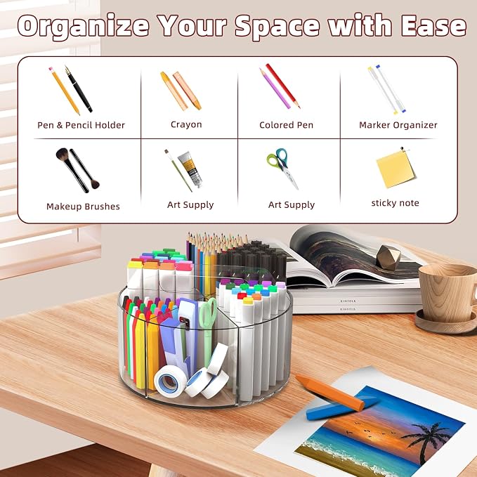500 PCS Acrylic Pencil Holder, 360 Rotating Clear Marker Organizer, Pen Crayon Marker Caddy Organizer for Desk, Desktop Storage and Organizer for Office School Art Supplies, 2 Pack