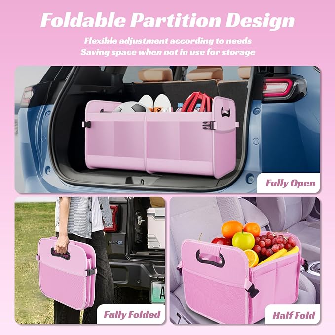 Sposuit Trunk Organizer for Car - 70L Collapsible Sturdy Car Storage, Pink | 11 Pockets & Reinforced Handles, Large Capacity, SUV Trunk Organizers for Grocery Cargo, Non-Slip Bottom