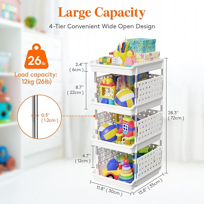 Lifewit 4 Tier Plastic Stackable Storage Baskets for Clothes 2 Pack, White | Stacking Bins for Food, Multifunctional Organizer for RV, Kitchen, Playroom, Pantry and Bathroom
