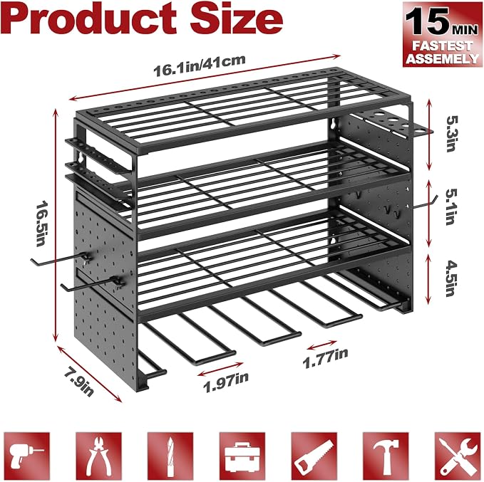 16" Metal Power Tool Organizer Wall Mount,4 Tier,Black | Heavy-Duty Metal,200 LBS Capacity,4 Cordless Drill Holders,Adjustable Hooks,Tool Shelf for Garage Workshop Shed,Pegboard