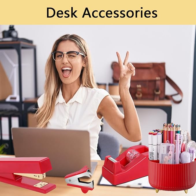 Office Supplies,Red Desk Accessories,Office Supplies Set,Desk Organizer,Stapler,Tape Dispenser,Scissors,Staple Remover,Binder Clips,Staples,Ballpoint Pen,Index Tabs with Ruler,Clear Tape.10pcs