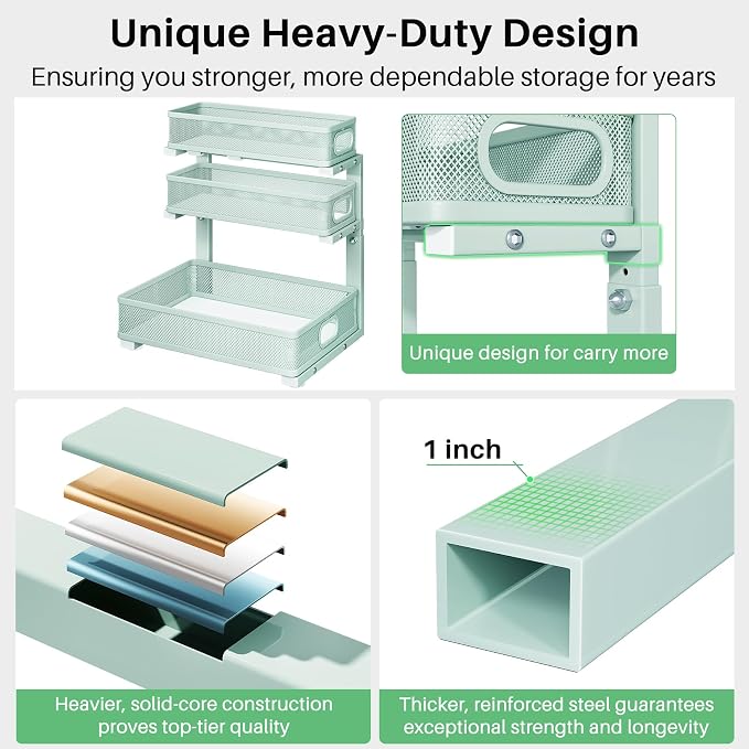 Under Sink Organizer, 2-Pack 3-Tier Height Adjustable Thickened Metal Pull out Cabinet Organizer Shelf, Slide out Storage Drawer Rack for Bathroom Kitchen Pantry Home Organization, LightBlue