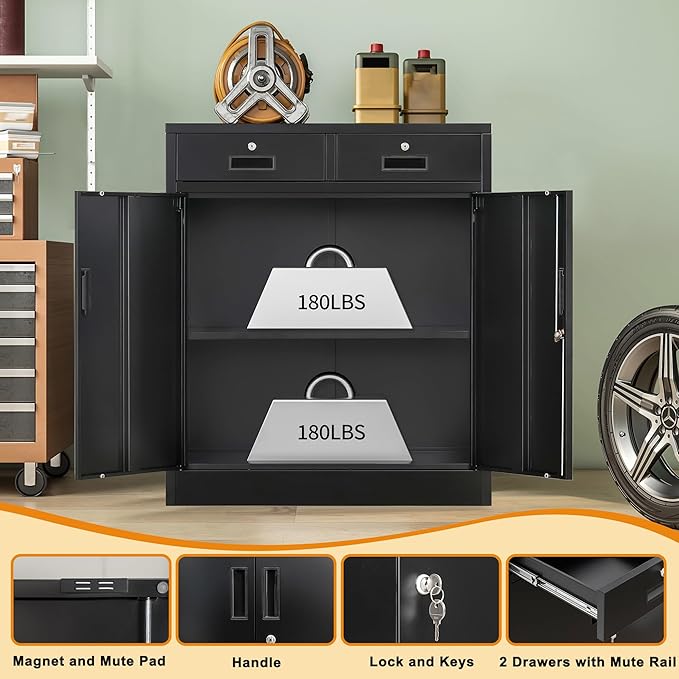 Wanfu Metal Storage Cabinet, 36" H Locking Storage Cabinet with 2 Drawers and Adjustable Shelf, Metal Cabinets for Office, Garage, Home-Black