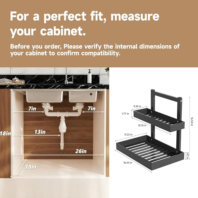Bamboo Undersink Organizer Storage - 2-Tier Cabinet Shelf with Adjustable Levels, Under Sink Storage Slide Out for Cabinet Pantry Kitchen Bathroom (Black, 2 Packs)