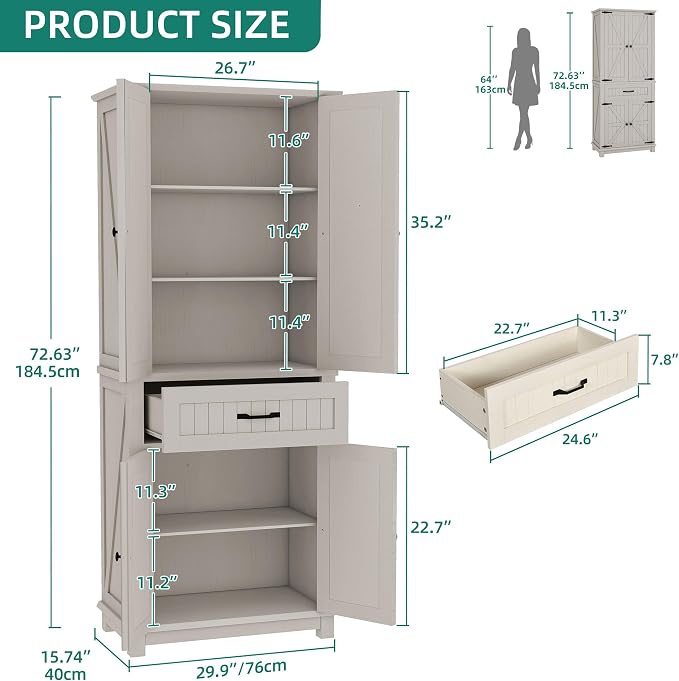 YITAHOME 72.6" Tall Farmhouse Pantry Cabinet, Storage Cupboard with 4 Barn Doors, 1 Drawer & Adjustable Shelves, Kitchen Cabinet for Dining Room, Living Room, White | Freestanding Storage Cupboard with 4 Barn Doors, Drawer & Adjustable Shelves, Kitchen...
