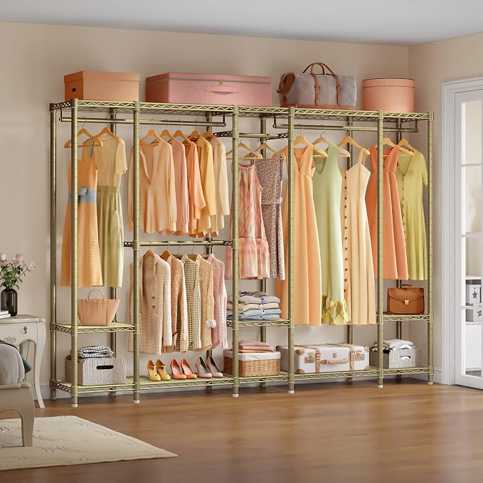 VIPEK V50 Modern Clothing Rack with Adjustable Shelves, Gold | Extra Large Freestanding Garment Rack with 1300 Lb Capacity, 10 Shelves & 4 Rods, Gold Finish, Dressing Room/Boutique Display
