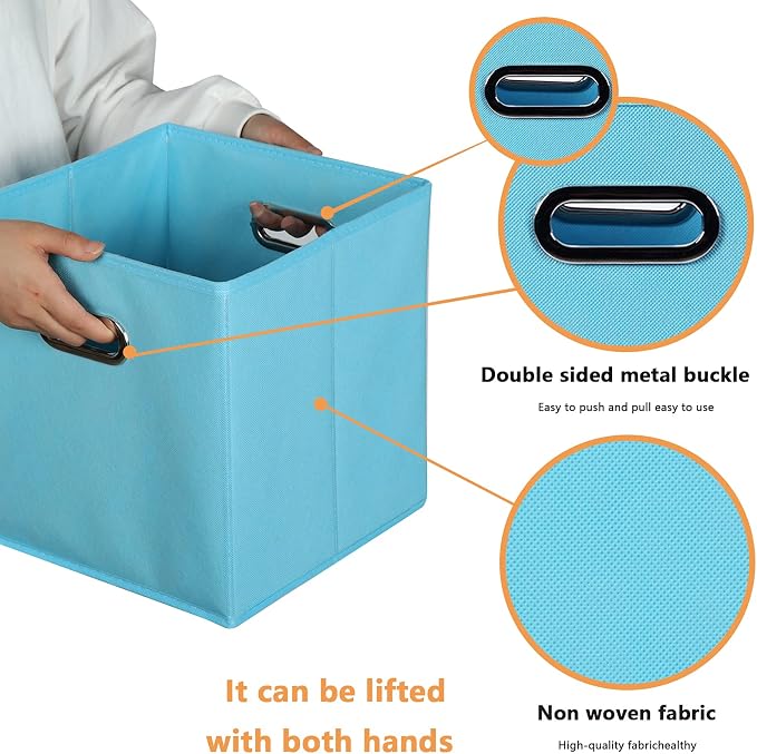 Yunkeeeper storage bins Cubes, Fabric Cube Organizer with Handle, Foldable Cube Bins for Cloth or Accessary Storage, 11x11x11, Set of 6, (Blue