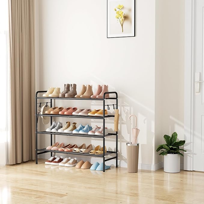VILICK 4-Tier Shoe Rack 33" Wide Metal Shoe Organizer Long Shoe Storage with 4 Side Hooks Sturdy Shoes Shelf for Closet, Front Door Entrance, Garage, Dorm, Black