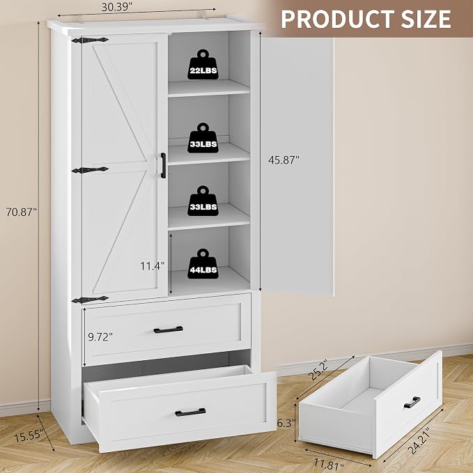BORNOON Pantry Organizers and Storage Cabinet, 71” Barn Door White Kitchen Cabinet with Drawers and Adjustable Shelf, Tall Pantry for Kitchen, Dining Room, Living Room. Bathroom and Office