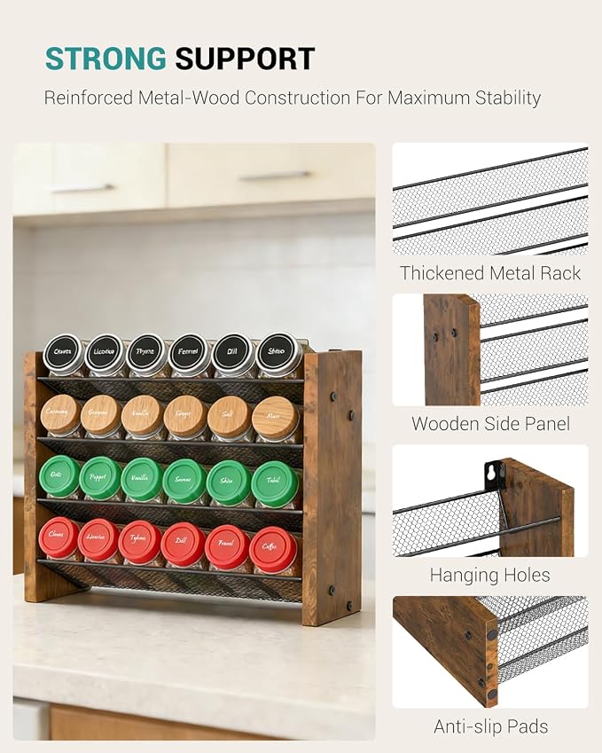 NESAPTO Spice Rack Organizer for Cabinet, Wood 4-Tier Vertical Seasoning Organizer, Wall Mount or Countertop Spice Shelf, Holds 24 Jars (No Jars Included), 12.2" W x 9.4" H