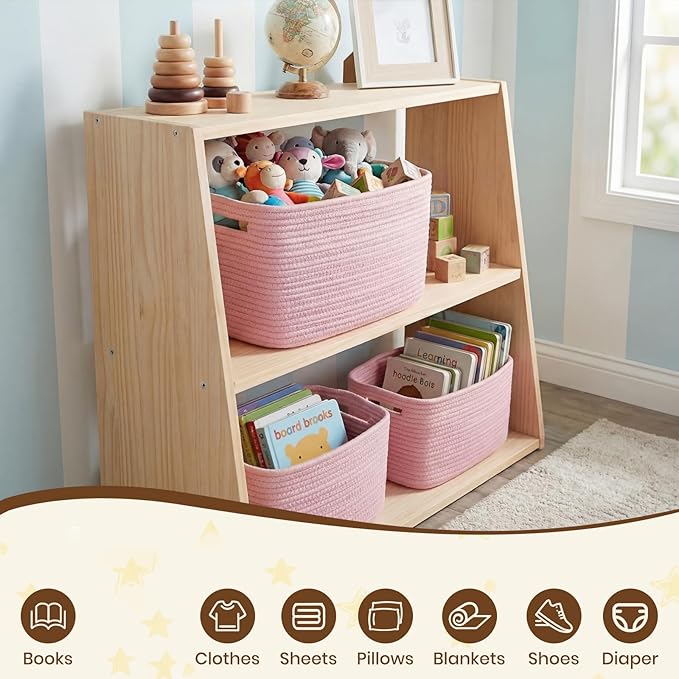 Storage Baskets for Organizing, 14 x 10 x 9” Closet Shelf Woven Baskets, Square Bins with Handles, Cotton Rope Basket for Clothes, Office, Room, Pink 3 Pack