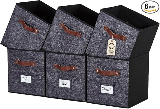 DECOMOMO Storage Bins, Cube Storage Bin with Labels | 10.5" x 11" Fabric Storage Cubes for Shelves (6pcs, Black Pattern)