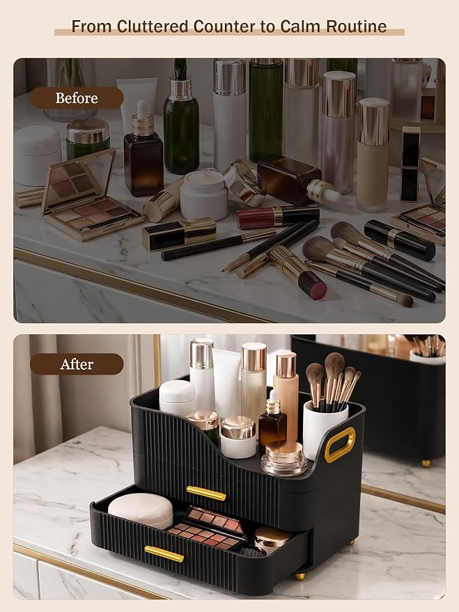 Booklov Large Makeup Organizer for Vanity, Bathroom Countertop, Black | Plastic Cosmetic Display Case with Drawers, Beauty Brush Holder for Dresser Counter Skincare Eyeshadow Lipstick Storage